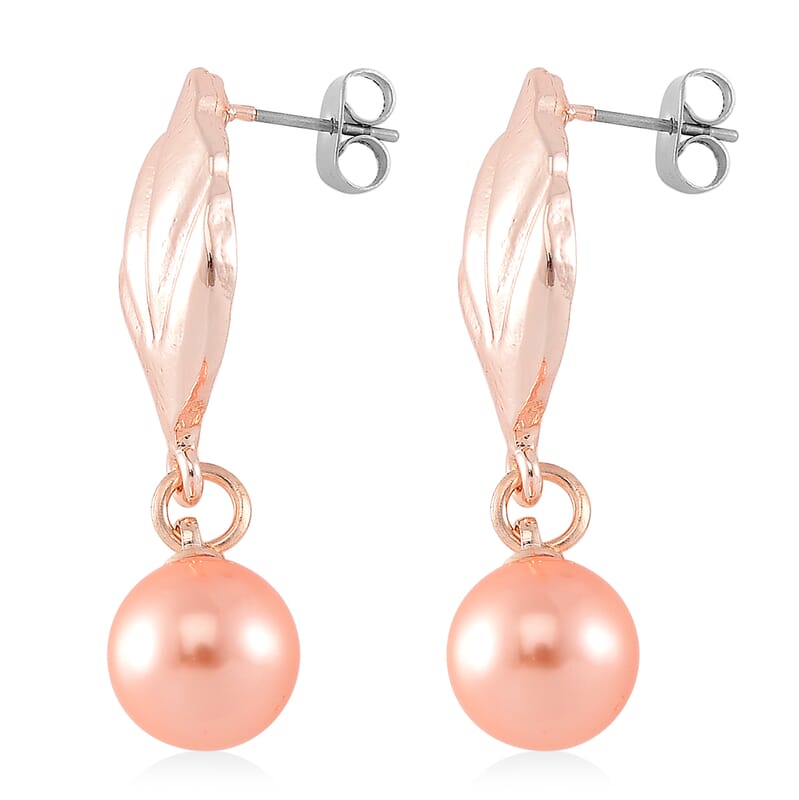 Peach Color Shell Pearl Designer Inspired Leaf Necklace and Earrings in Rosetone 18-20 Inches