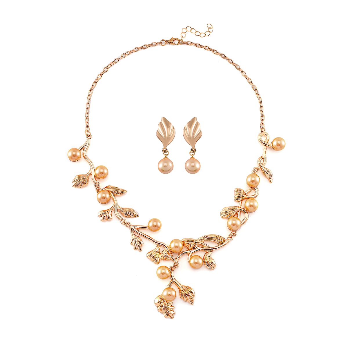 Golden Color Shell Pearl Leaf Necklace and Earrings in Goldtone 18-20 Inches image number 0