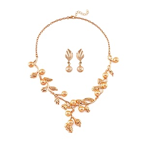 Golden Color Shell Pearl Leaf Necklace and Earrings in Goldtone 18-20 Inches