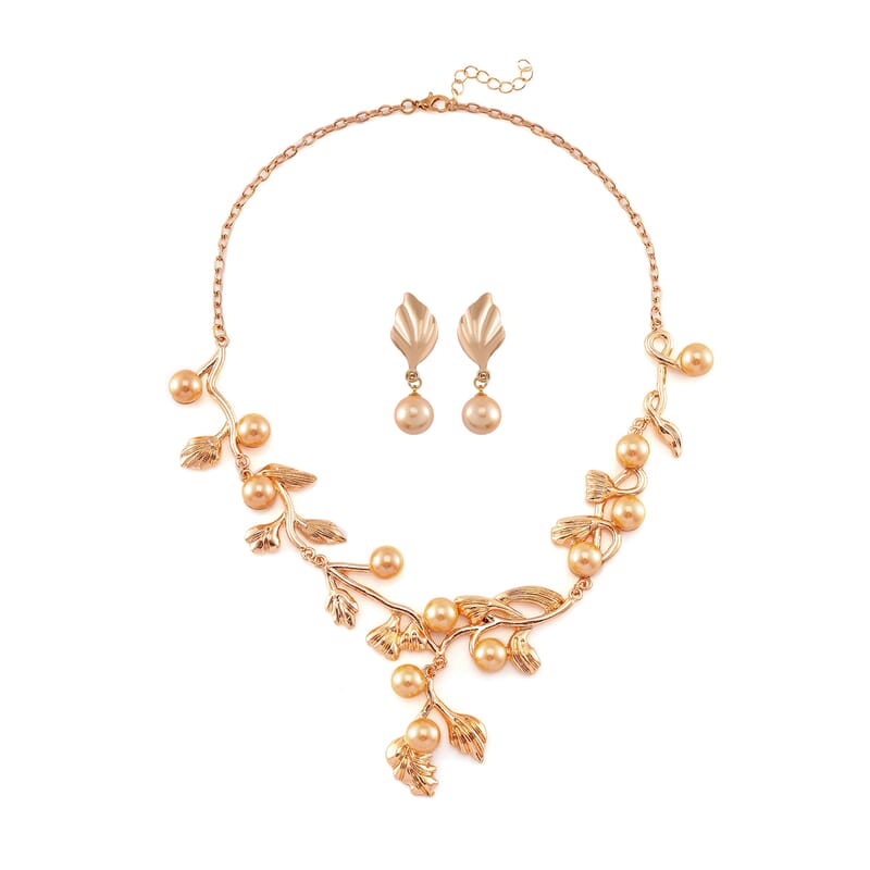 Golden Color Shell Pearl Designer Inspired Leaf Necklace and Earrings in Goldtone 18-20 Inches