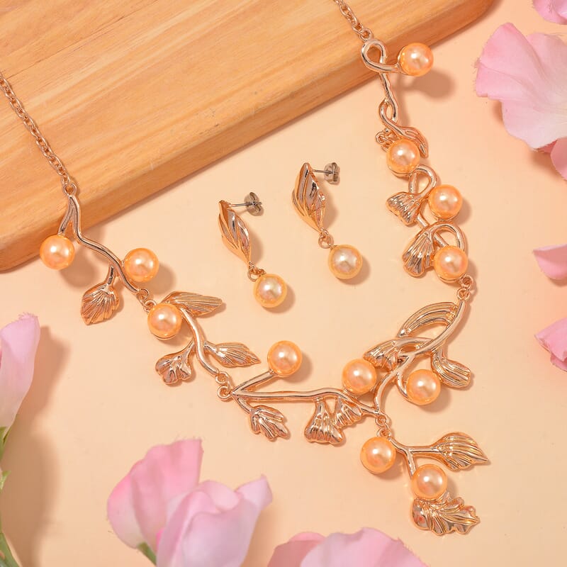 Golden Color Shell Pearl Designer Inspired Leaf Necklace and Earrings in Goldtone 18-20 Inches