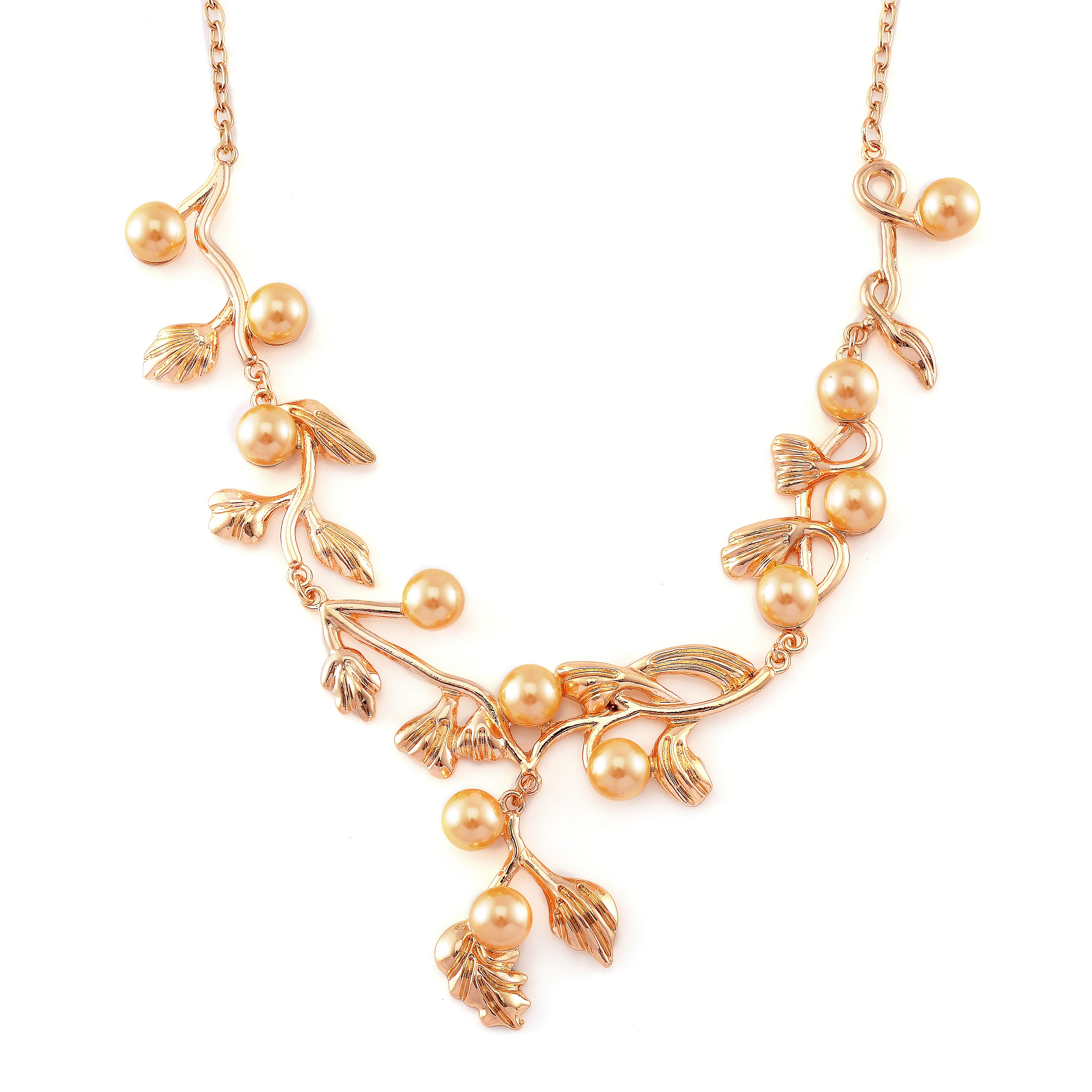 Golden Color Shell Pearl Designer Inspired Leaf Necklace and Earrings in Goldtone 18-20 Inches