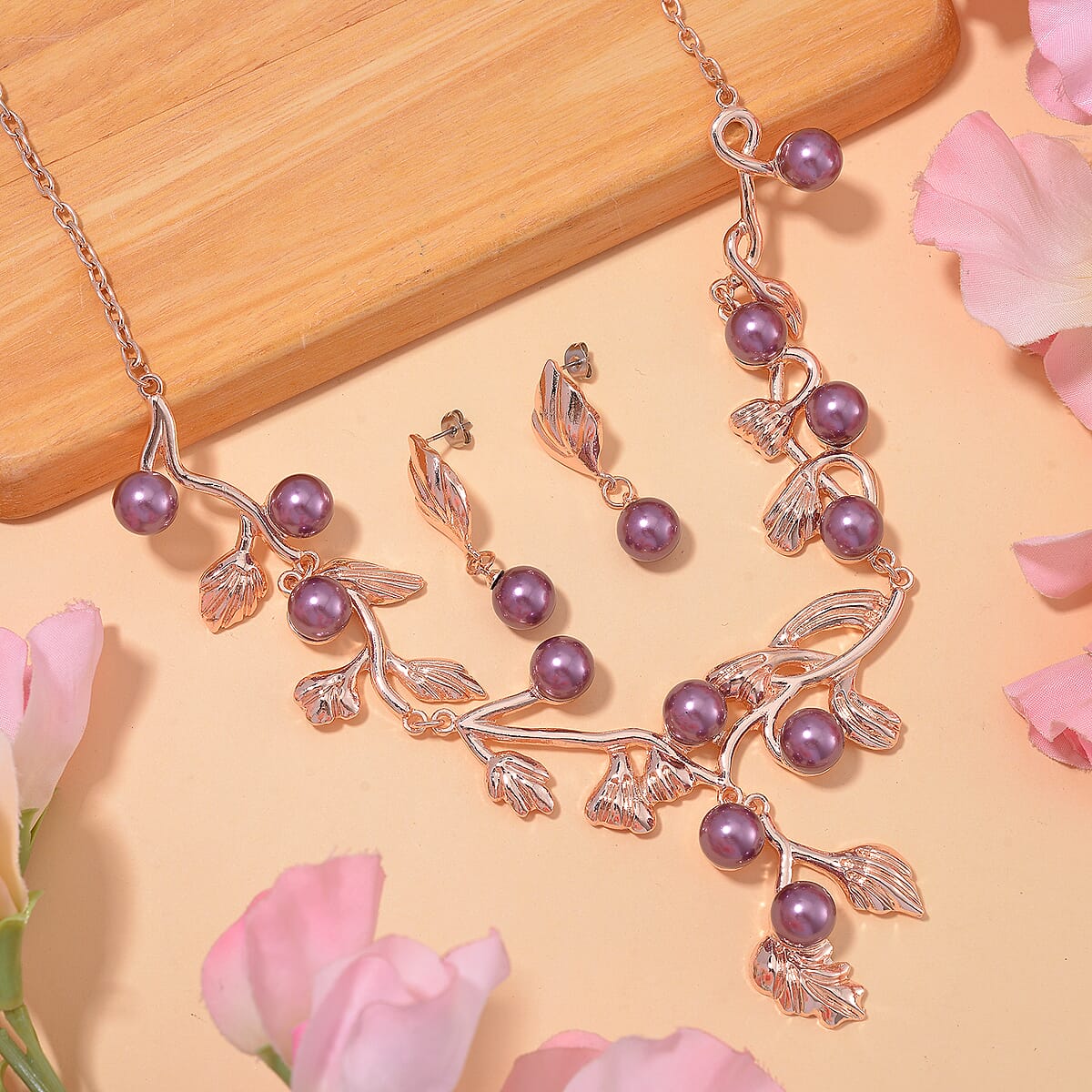 Purple Color Shell Pearl Leaf Necklace and Earrings in Rosetone 18-20 Inches image number 1