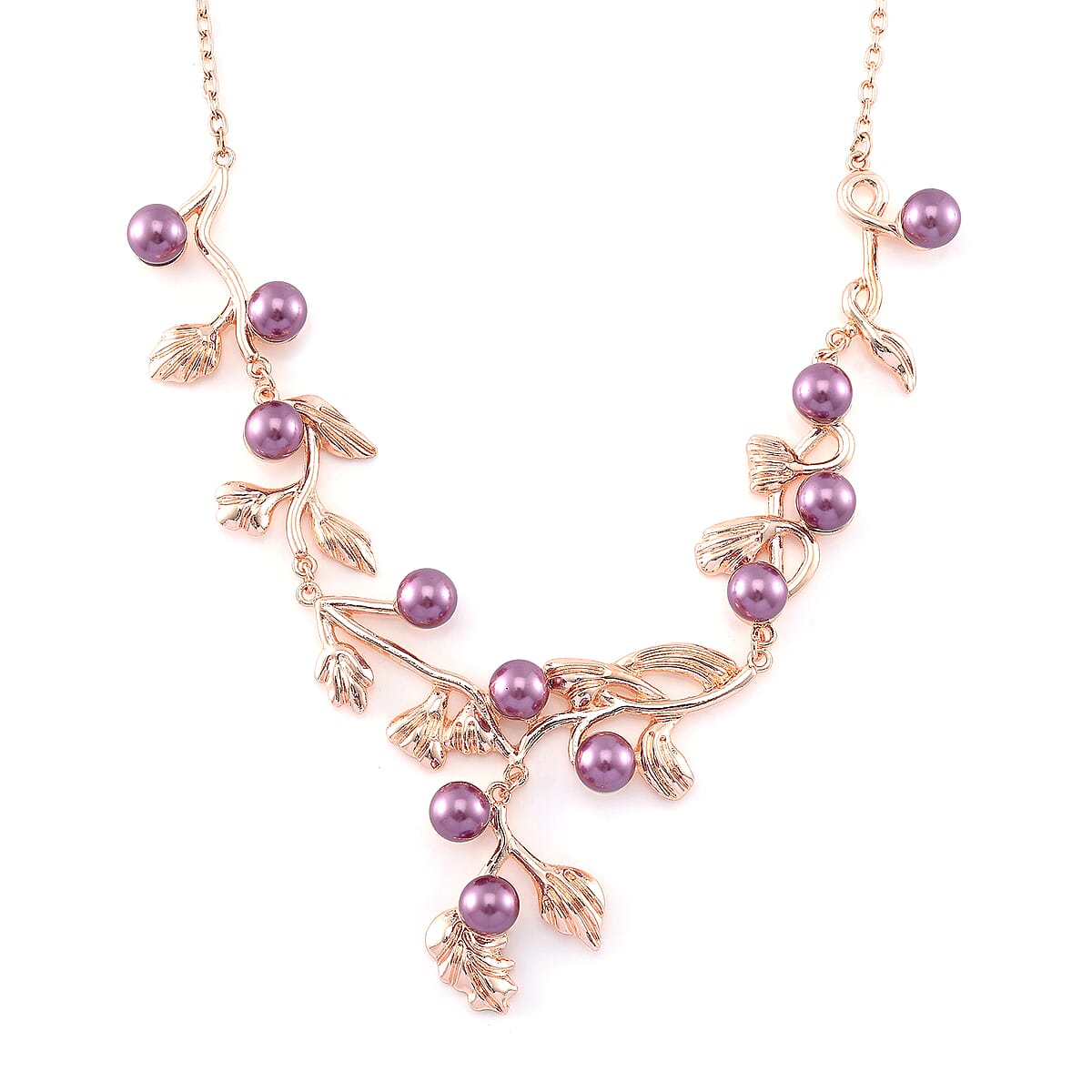Purple Color Shell Pearl Leaf Necklace and Earrings in Rosetone 18-20 Inches image number 2