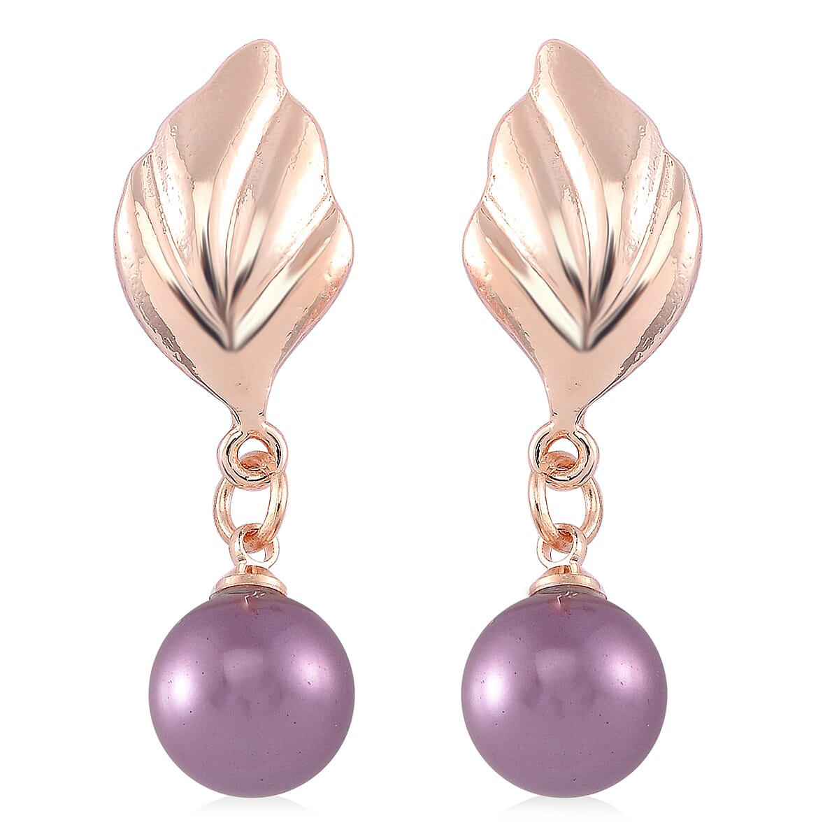 Purple Color Shell Pearl Leaf Necklace and Earrings in Rosetone 18-20 Inches image number 4