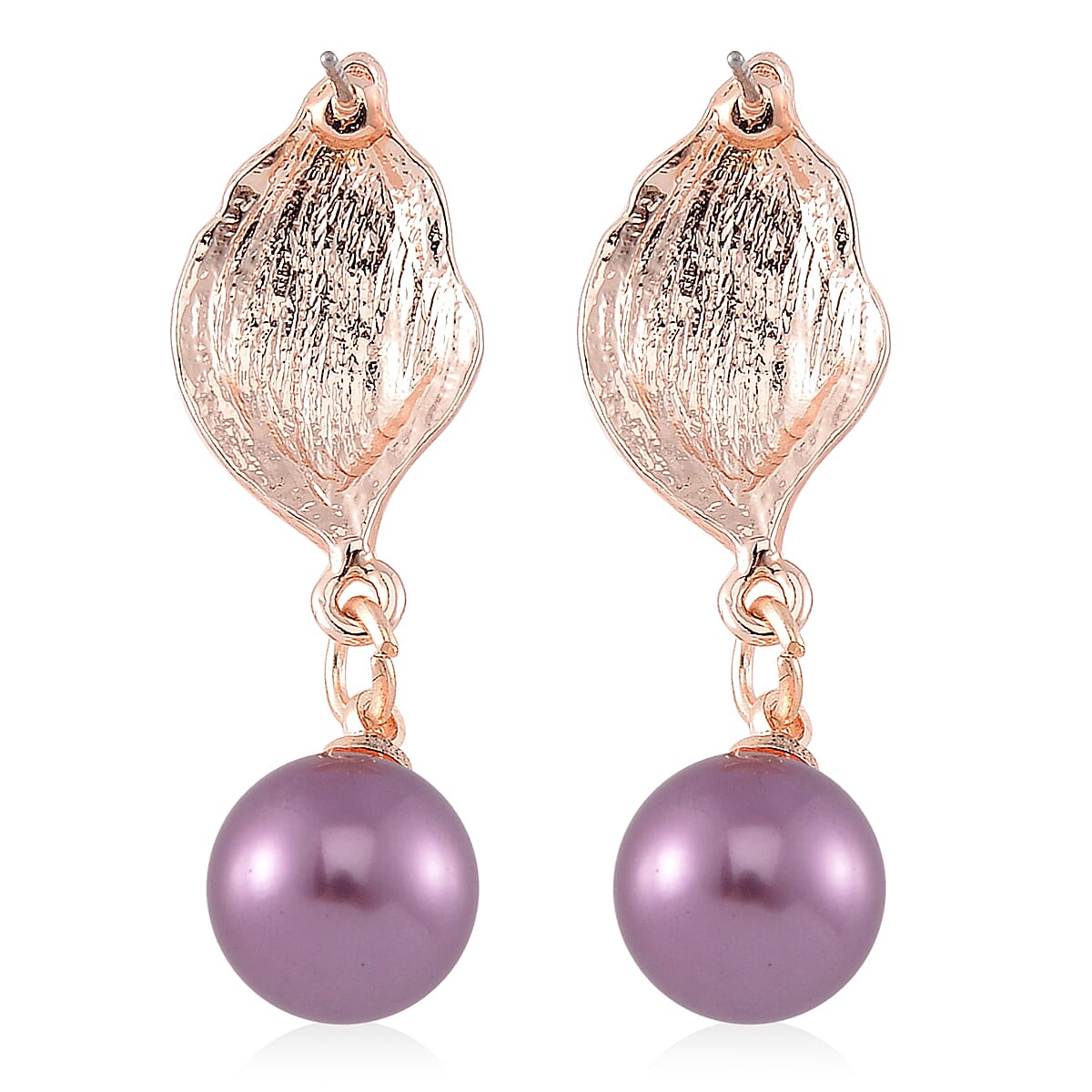 Purple Color Shell Pearl Leaf Necklace and Earrings in Rosetone 18-20 Inches image number 6