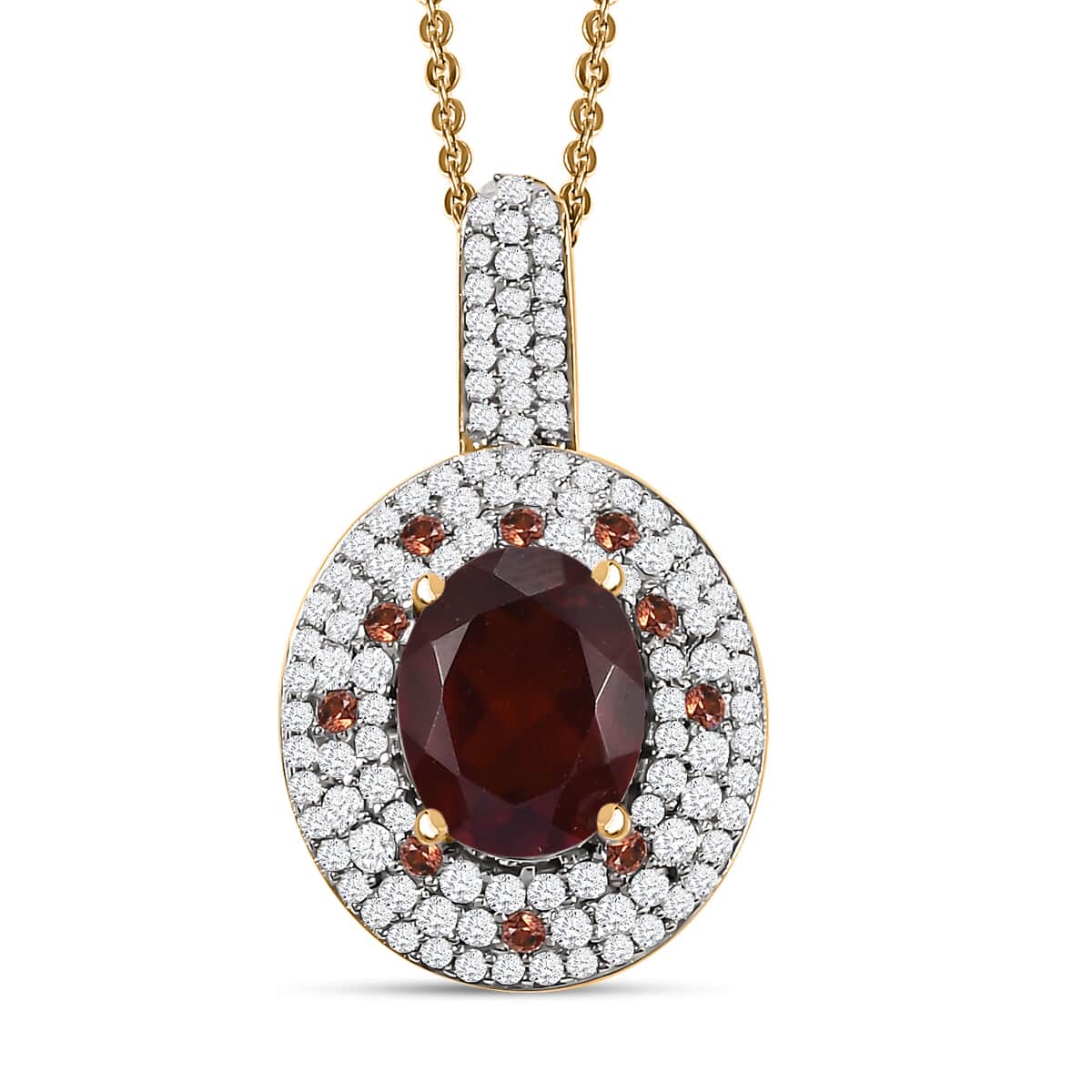 Ceylon Hessonite Garnet and Multi Gemstone 4.35 ctw Double Halo Pendant Necklace in 18K Vermeil Yellow Gold Over Sterling Silver 20 Inches (Del. in 10-12 Days) image number 0