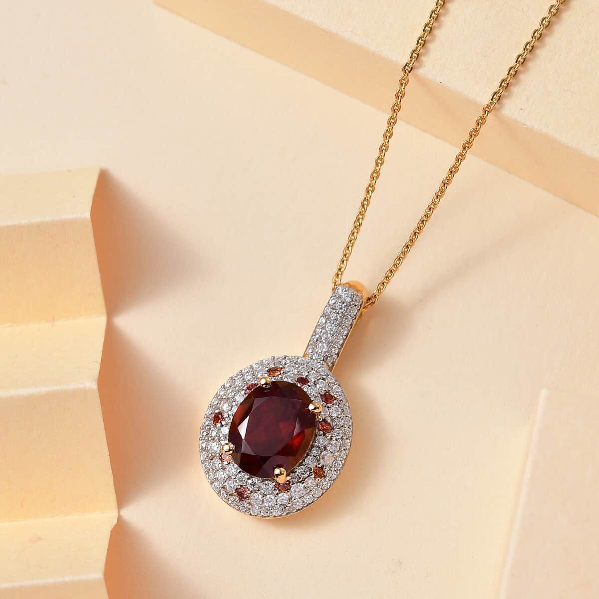 Ceylon Hessonite Garnet and Multi Gemstone 4.35 ctw Double Halo Pendant Necklace in 18K Vermeil Yellow Gold Over Sterling Silver 20 Inches (Del. in 10-12 Days) image number 1