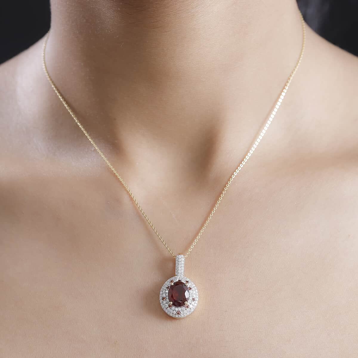 Ceylon Hessonite Garnet and Multi Gemstone 4.35 ctw Double Halo Pendant Necklace in 18K Vermeil Yellow Gold Over Sterling Silver 20 Inches (Del. in 10-12 Days) image number 2