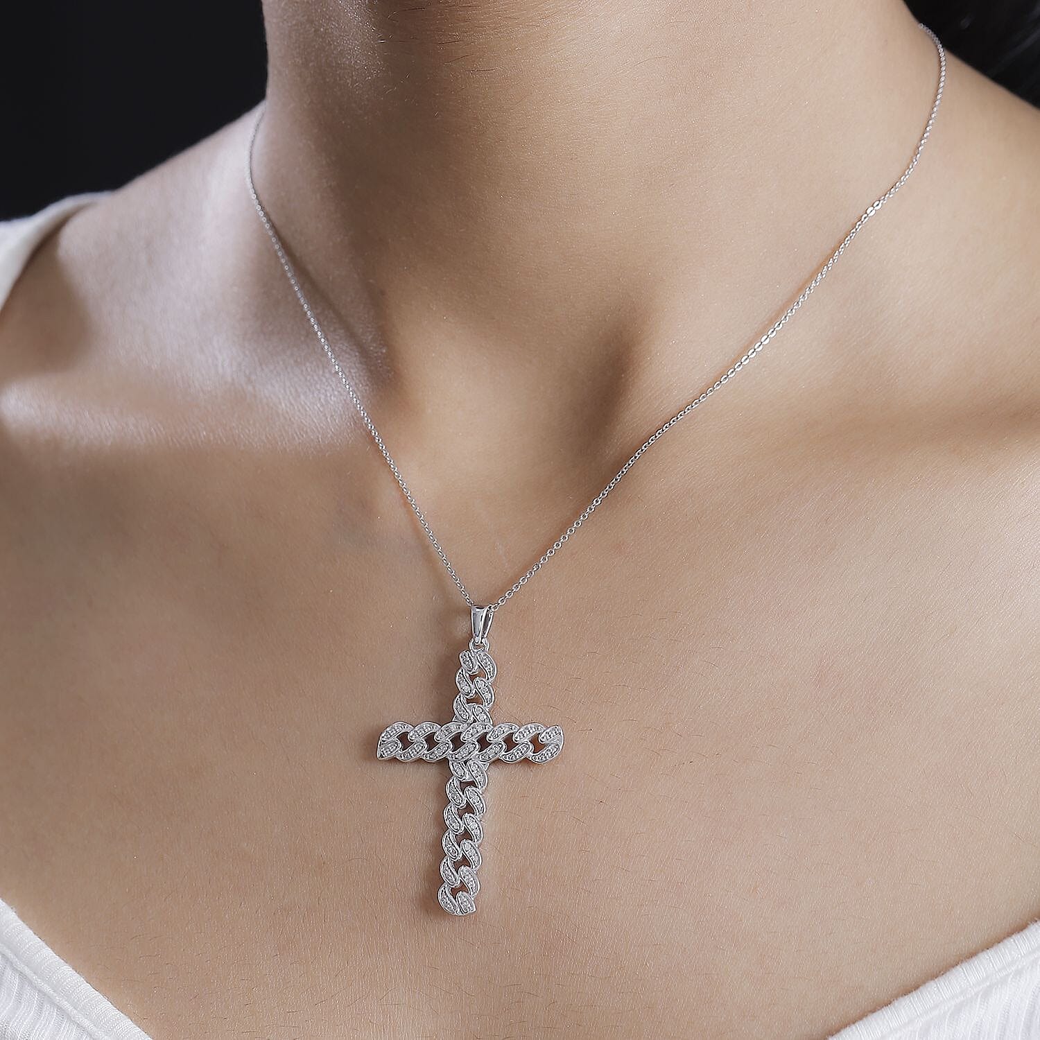White Diamond 0.25 ctw Cross Pendant Necklace in Rhodium Over Sterling Silver 20 Inches