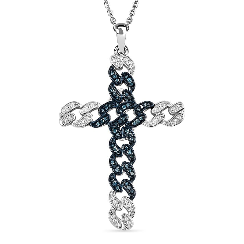 Blue Diamond 0.25 ctw Cross Pendant Necklace in Rhodium Over Sterling Silver 20 Inches