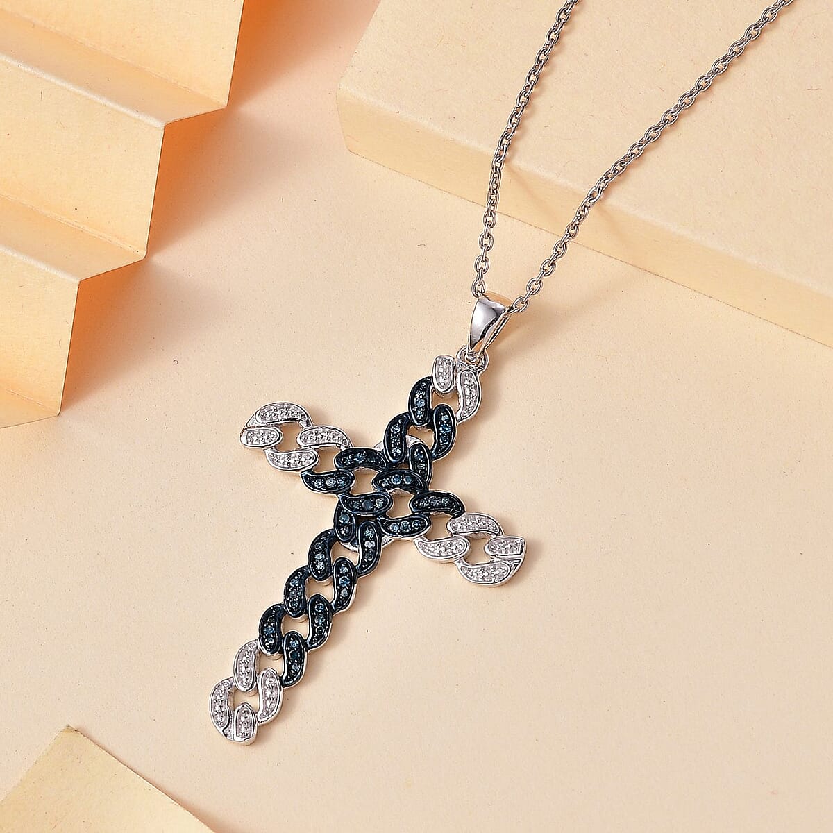 Blue Diamond 0.25 ctw Cross Pendant Necklace in Rhodium Over Sterling Silver 20 Inches image number 1