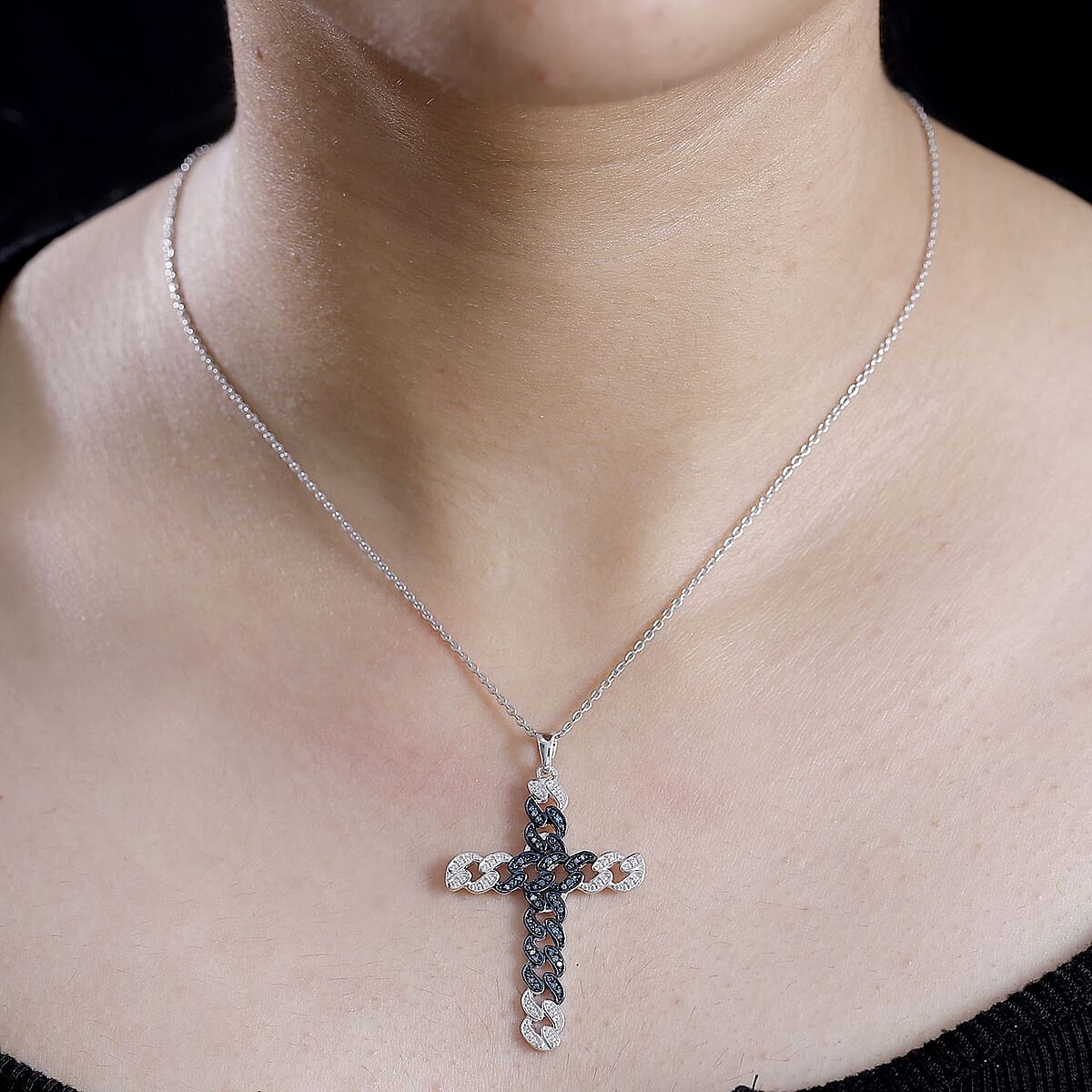 Blue Diamond 0.25 ctw Cross Pendant Necklace in Rhodium Over Sterling Silver 20 Inches image number 2