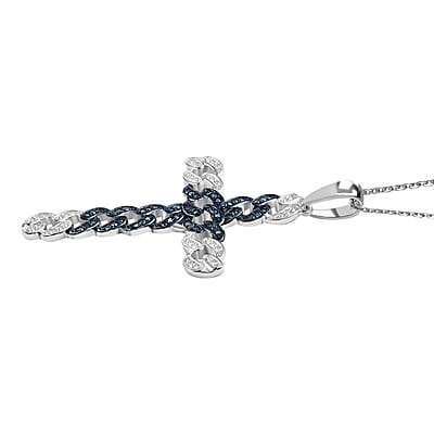 Blue Diamond 0.25 ctw Cross Pendant Necklace in Rhodium Over Sterling Silver 20 Inches