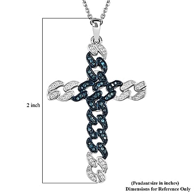 Blue Diamond 0.25 ctw Cross Pendant Necklace in Rhodium Over Sterling Silver 20 Inches