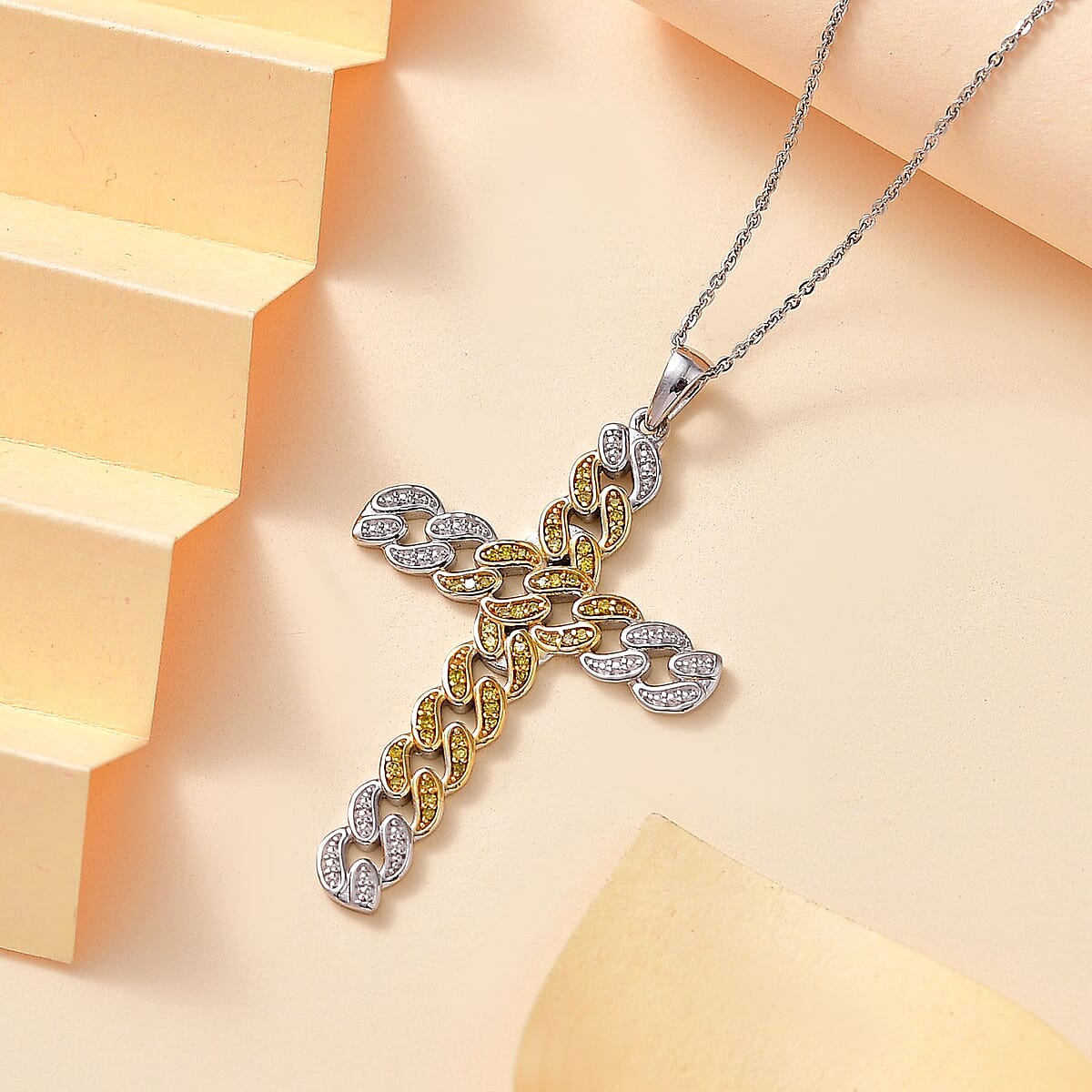 Yellow Diamond 0.25 ctw Cross Pendant Necklace in Rhodium Over Sterling Silver 20 Inches image number 1