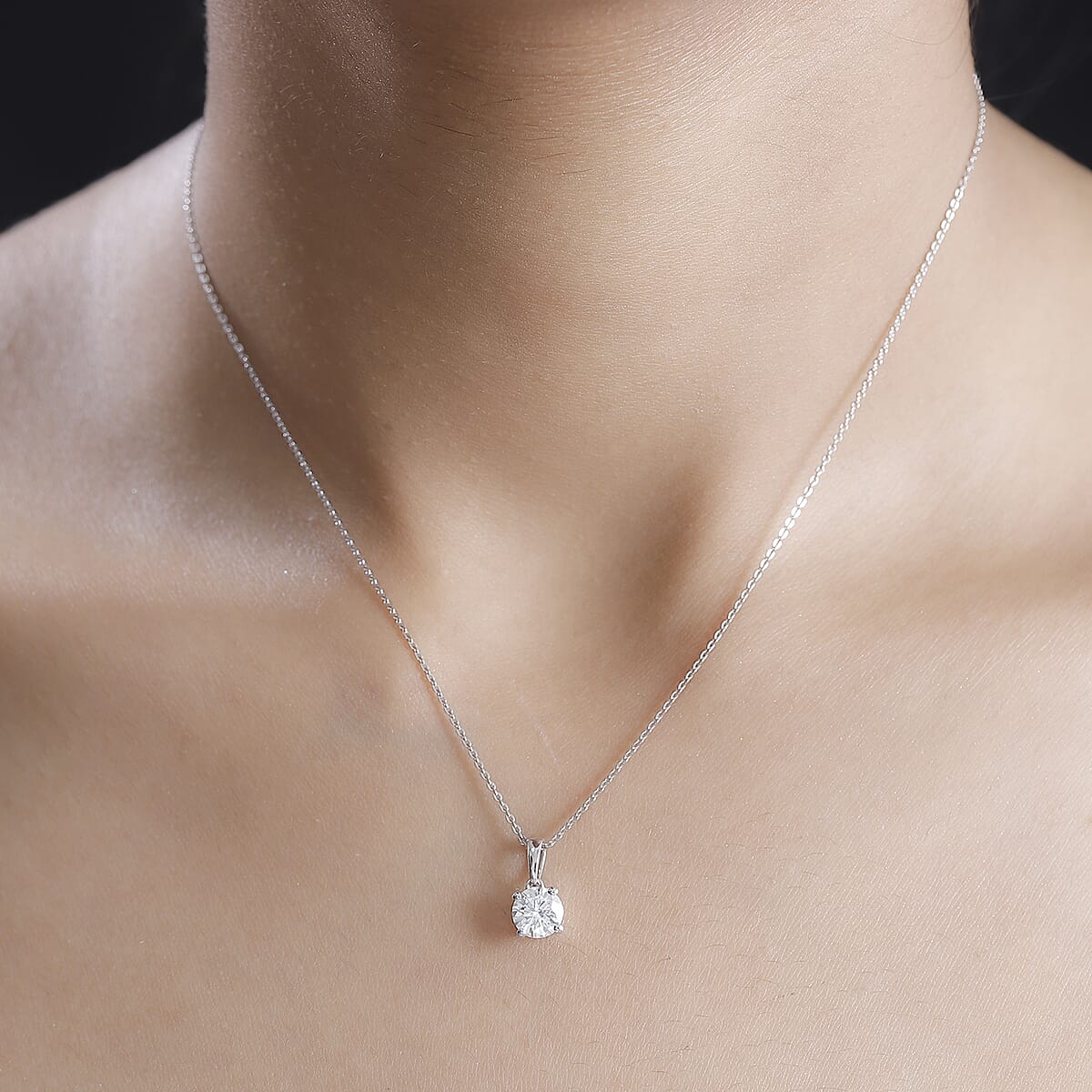 Moissanite (Rnd 6.6mm) Solitaire Pendant Necklace (20 Inches) in Rhodium Over Sterling Silver 1.00 ctw image number 2