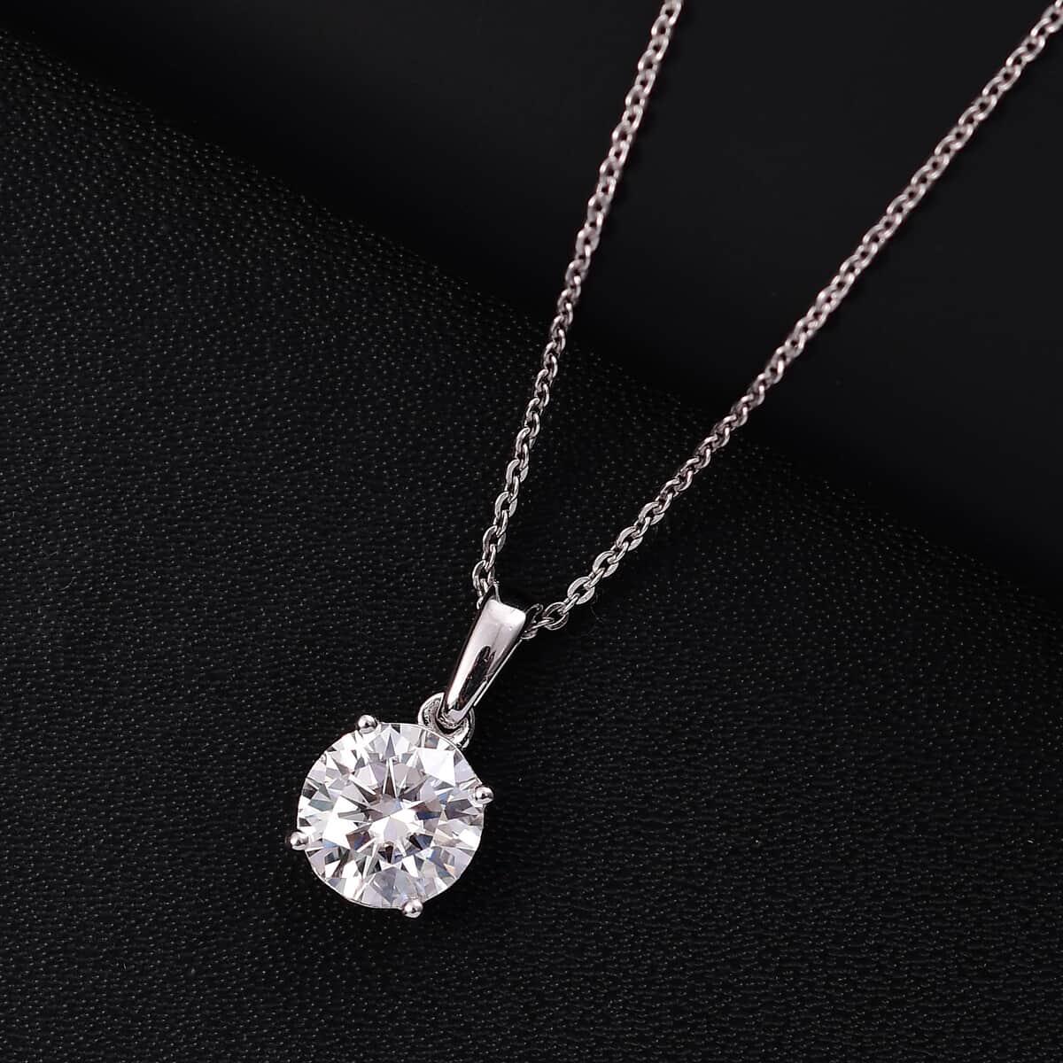 Moissanite (Rnd 7.5mm) Solitaire Pendant Necklace (20 Inches) in Rhodium Over Sterling Silver 1.35 ctw image number 1