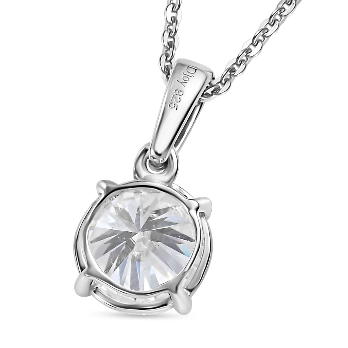 Moissanite (Rnd 7.5mm) Solitaire Pendant Necklace (20 Inches) in Rhodium Over Sterling Silver 1.35 ctw image number 4