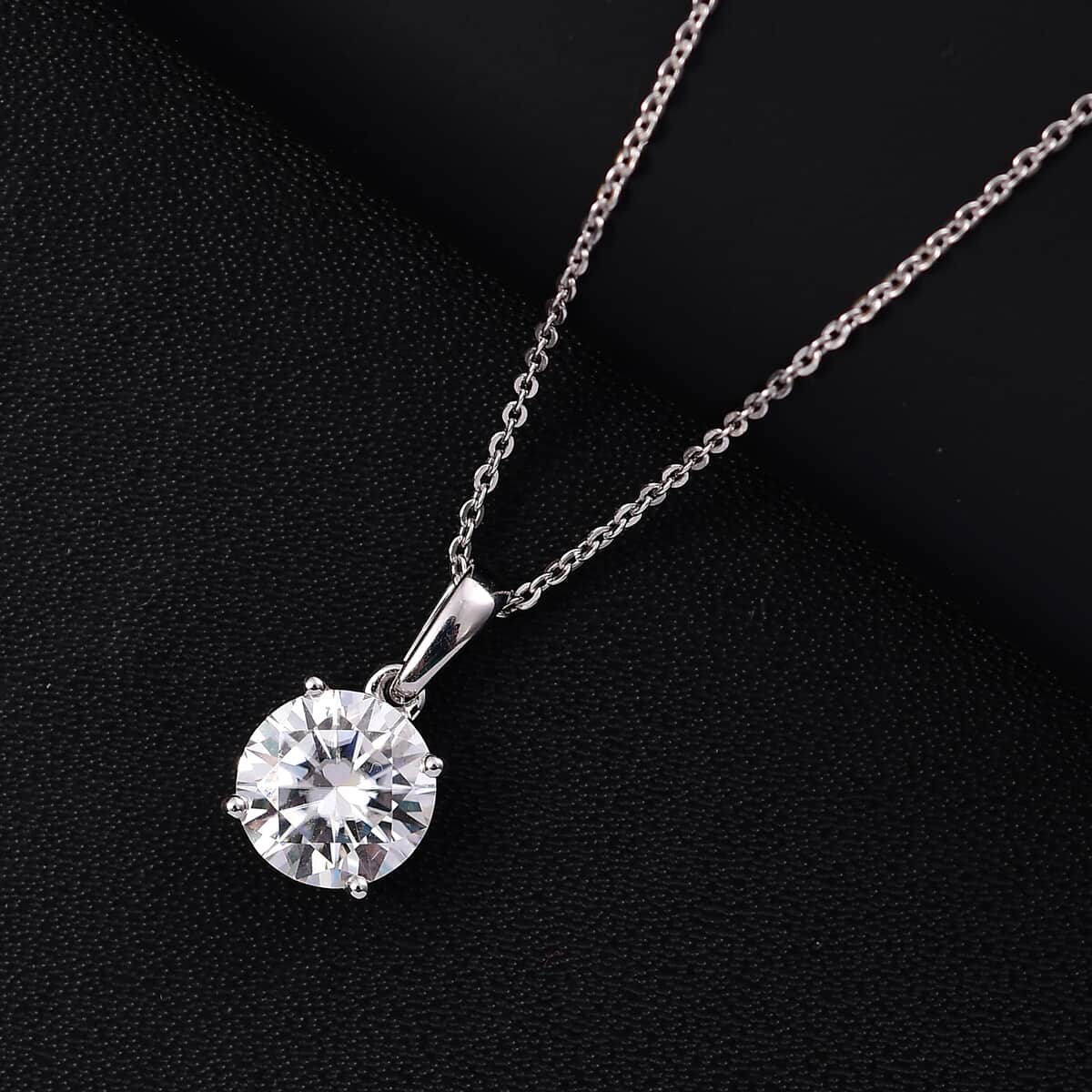 Moissanite (Rnd 8mm) Solitaire Pendant Necklace (20 Inches) in Rhodium Over Sterling Silver 1.75 ctw image number 1