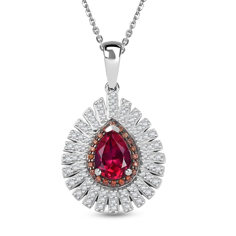 Luxuriant Premium Bixbite (LG), White and Brown Zircon 1.35 ctw Sunrays Pendant Necklace in Rhodium Over Sterling Silver 20 Inches