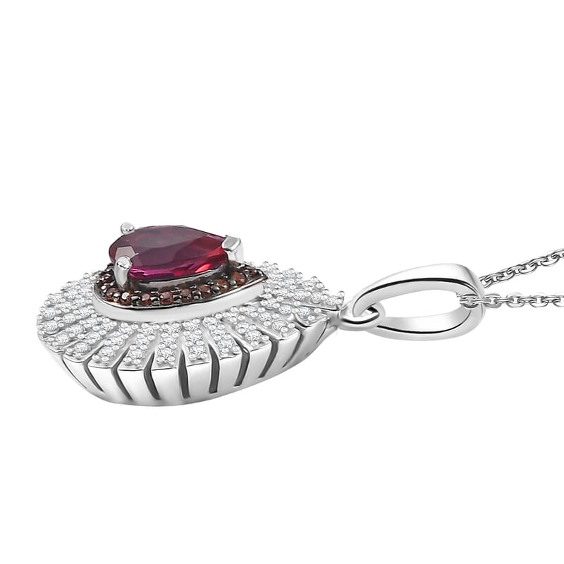 Luxuriant Premium Bixbite (LG), White and Brown Zircon 1.35 ctw Sunrays Pendant Necklace in Rhodium Over Sterling Silver 20 Inches