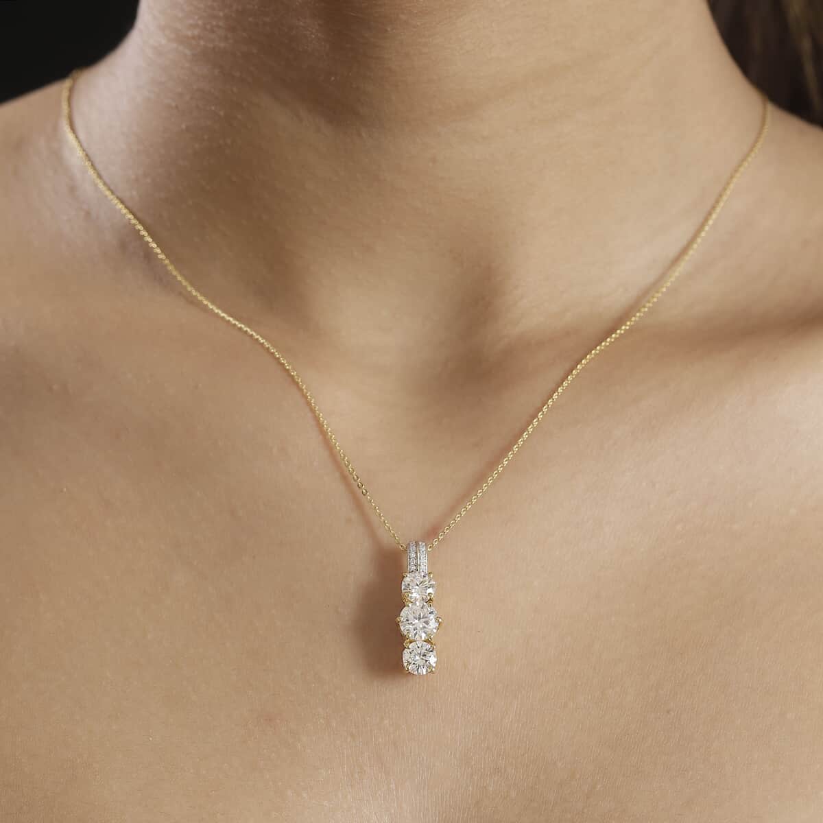 Doorbuster Moissanite 2.75 ctw Trinity Pendant Necklace in 18K Vermeil Yellow Gold Over Sterling Silver 20 Inches image number 2