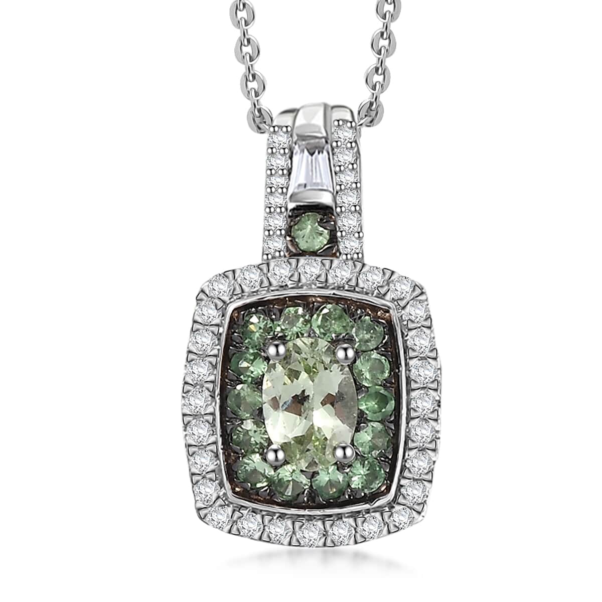 Tsavorite Garnet and White Zircon 1.35 ctw Ocean Glimmer Pendant Necklace in Rhodium Over Sterling Silver 20 Inches image number 0