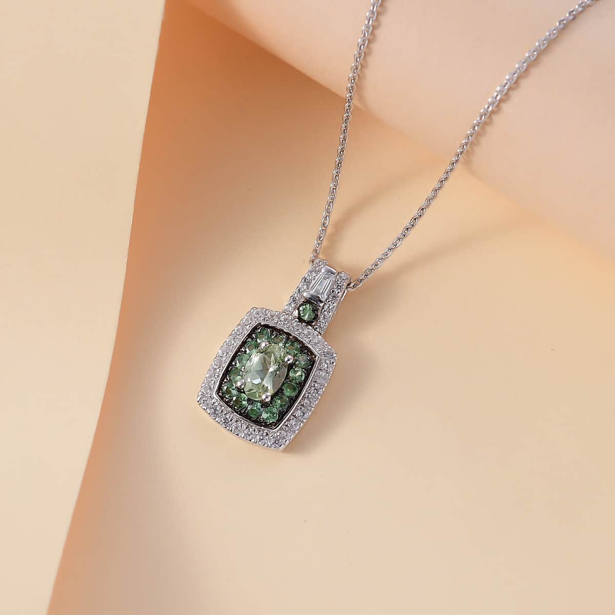 Tsavorite Garnet and White Zircon 1.35 ctw Ocean Glimmer Pendant Necklace in Rhodium Over Sterling Silver 20 Inches image number 1