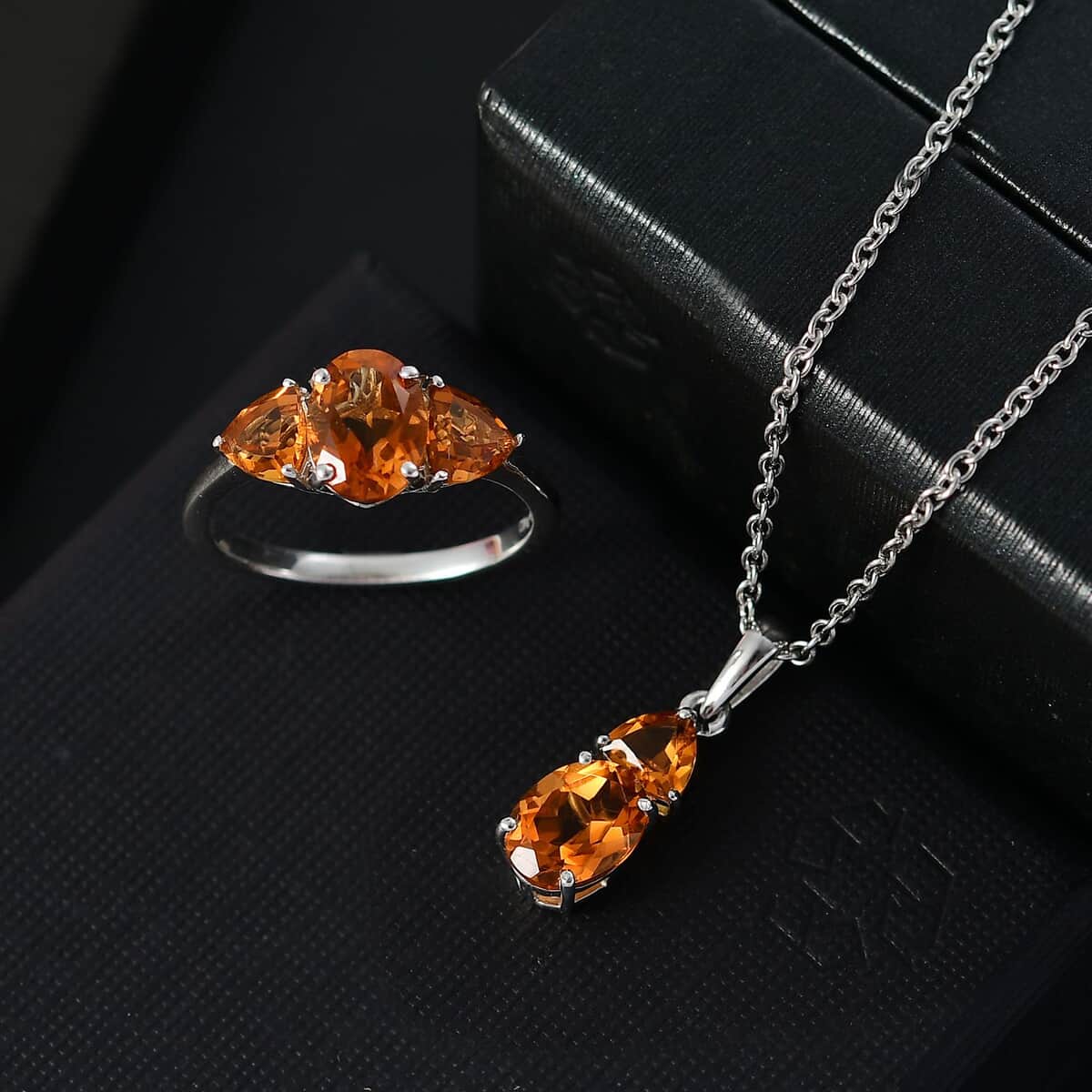 Premium Santa Ana Madeira Citrine 4.35 ctw Ring (Size 5.0) and Pendant in Rhodium Over Sterling Silver with Stainless Steel Necklace 20 Inches image number 1