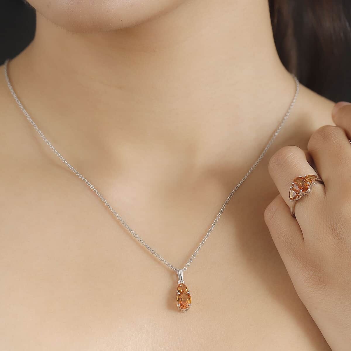 Premium Santa Ana Madeira Citrine 4.35 ctw Ring (Size 5.0) and Pendant in Rhodium Over Sterling Silver with Stainless Steel Necklace 20 Inches image number 2