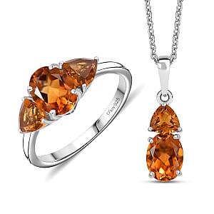 Premium Santa Ana Madeira Citrine 4.35 ctw Ring (Size 7.0) and Pendant in Rhodium Over Sterling Silver with Stainless Steel Necklace 20 Inches