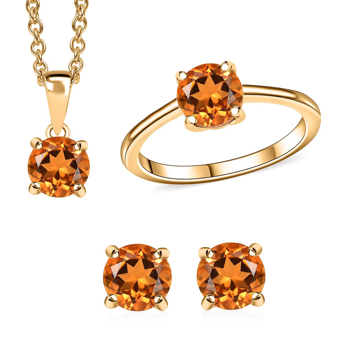 Premium Santa Ana Madeira Citrine 2.60 ctw Stud Earrings, Solitaire Ring (Size 5.0) and Pendant in 18K Vermeil YG Over Sterling Silver with ION Plated YG Stainless Steel Necklace 20 Inches image number 0