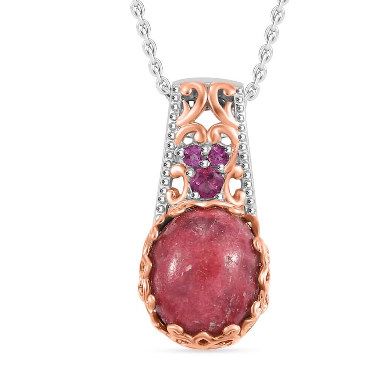 Karis Norwegian Thulite and Orissa Rhodolite Garnet 6.40 ctw Victorian Blossom Pendant in 18K RG Plated and Platinum Bond with Stainless Steel Necklace 20 Inches