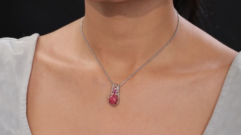 Karis Norwegian Thulite and Orissa Rhodolite Garnet 6.40 ctw Victorian Blossom Pendant in 18K RG Plated and Platinum Bond with Stainless Steel Necklace 20 Inches