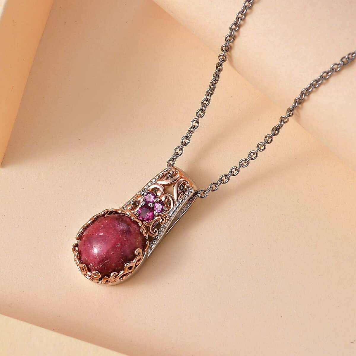 Karis Norwegian Thulite and Orissa Rhodolite Garnet 6.40 ctw Victorian Blossom Pendant in 18K RG Plated and Platinum Bond with Stainless Steel Necklace 20 Inches image number 1