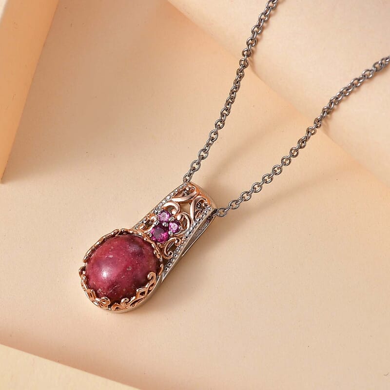 Karis Norwegian Thulite and Orissa Rhodolite Garnet 6.40 ctw Victorian Blossom Pendant in 18K RG Plated and Platinum Bond with Stainless Steel Necklace 20 Inches
