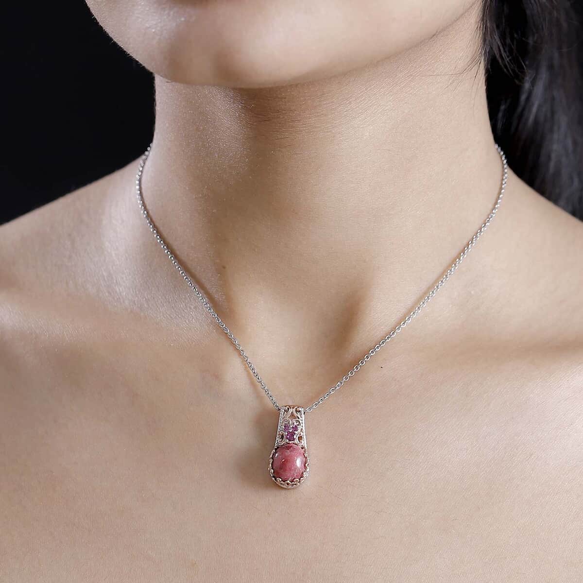 Karis Norwegian Thulite and Orissa Rhodolite Garnet 6.40 ctw Victorian Blossom Pendant in 18K RG Plated and Platinum Bond with Stainless Steel Necklace 20 Inches image number 2