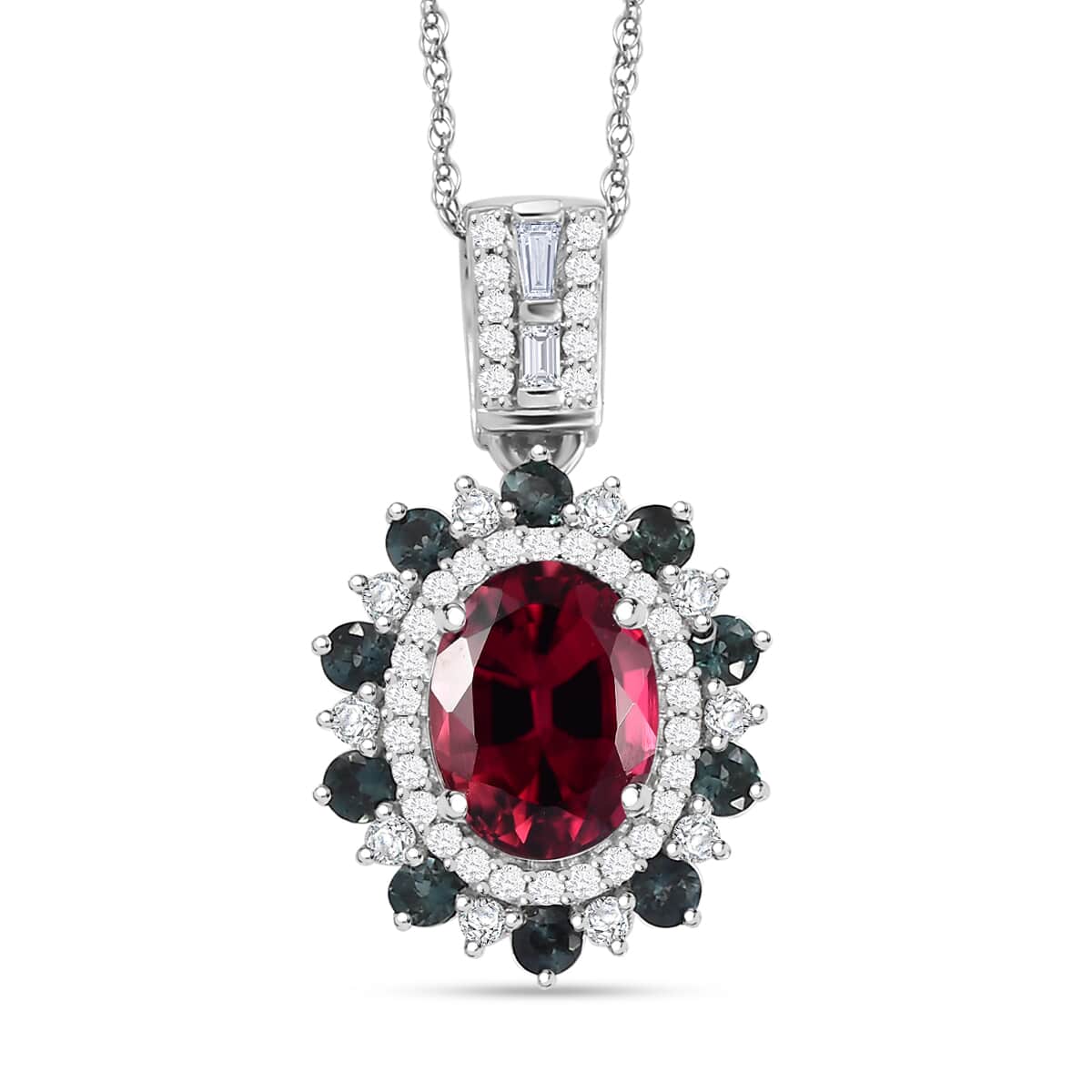 Luxoro AAA Ouro Fino Rubellite, Indicolite and G-H I2 Diamond 2.69 ctw Floral Pendant Necklace in 14K White Gold 18 Inches image number 0