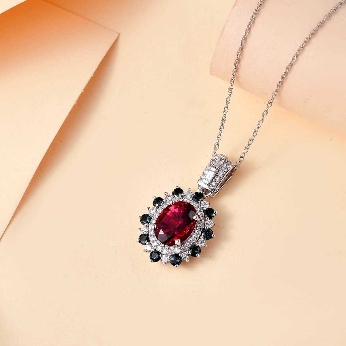 Luxoro AAA Ouro Fino Rubellite, Indicolite and G-H I2 Diamond 2.69 ctw Floral Pendant Necklace in 14K White Gold 18 Inches image number 1