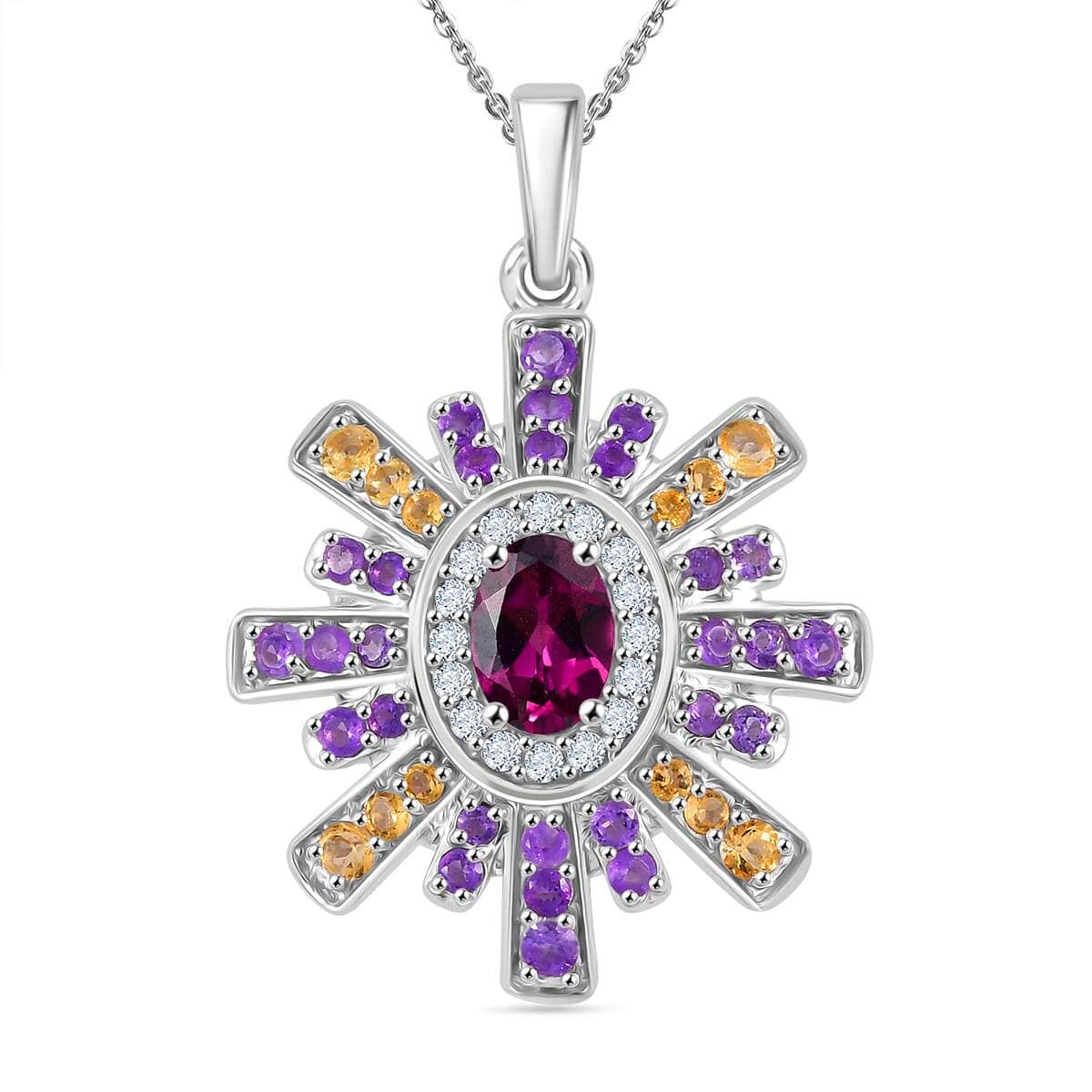 AAA Radiant Ember Garnet and Multi Gemstone 2.20 ctw Radiant Starburst Pendant in Rhodium Over Sterling Silver with Stainless Steel Necklace 20 Inches image number 0