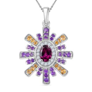 AAA Radiant Ember Garnet and Multi Gemstone 2.20 ctw Radiant Starburst Pendant in Rhodium Over Sterling Silver with Stainless Steel Necklace 20 Inches