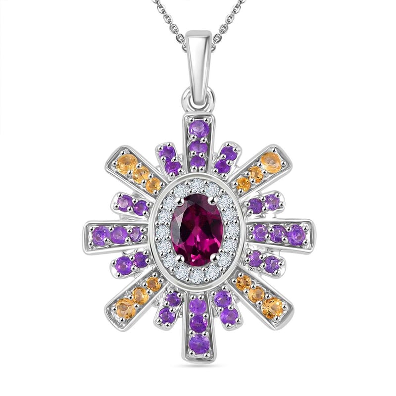 AAA Radiant Ember Garnet and Multi Gemstone 2.20 ctw Radiant Starburst Pendant in Rhodium Over Sterling Silver with Stainless Steel Necklace 20 Inches