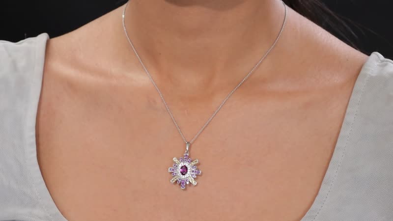 AAA Radiant Ember Garnet and Multi Gemstone 2.20 ctw Radiant Starburst Pendant in Rhodium Over Sterling Silver with Stainless Steel Necklace 20 Inches