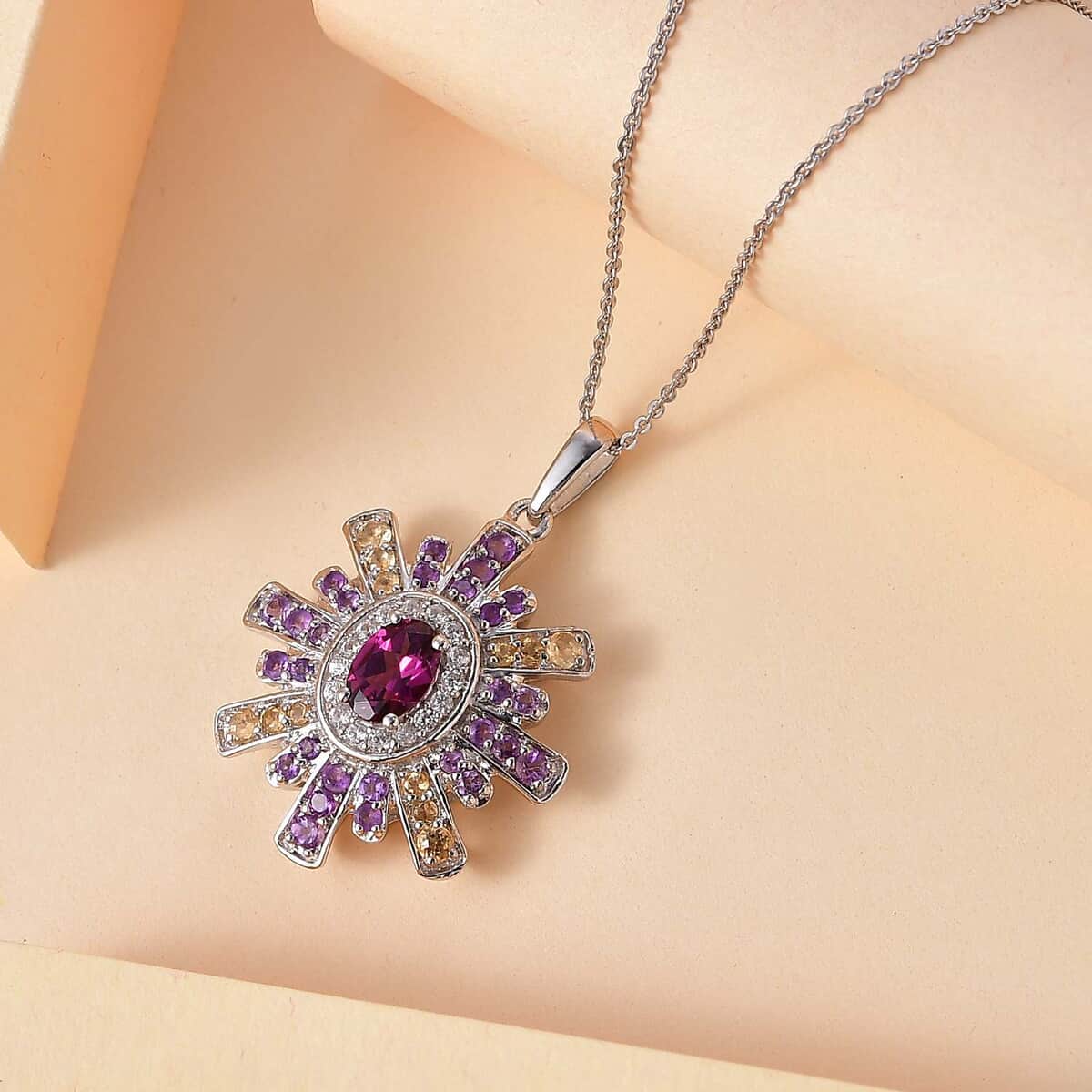 AAA Radiant Ember Garnet and Multi Gemstone 2.20 ctw Radiant Starburst Pendant in Rhodium Over Sterling Silver with Stainless Steel Necklace 20 Inches image number 1