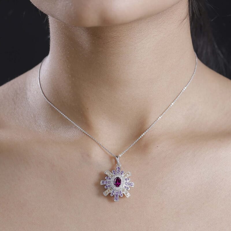 AAA Radiant Ember Garnet and Multi Gemstone 2.20 ctw Radiant Starburst Pendant in Rhodium Over Sterling Silver with Stainless Steel Necklace 20 Inches