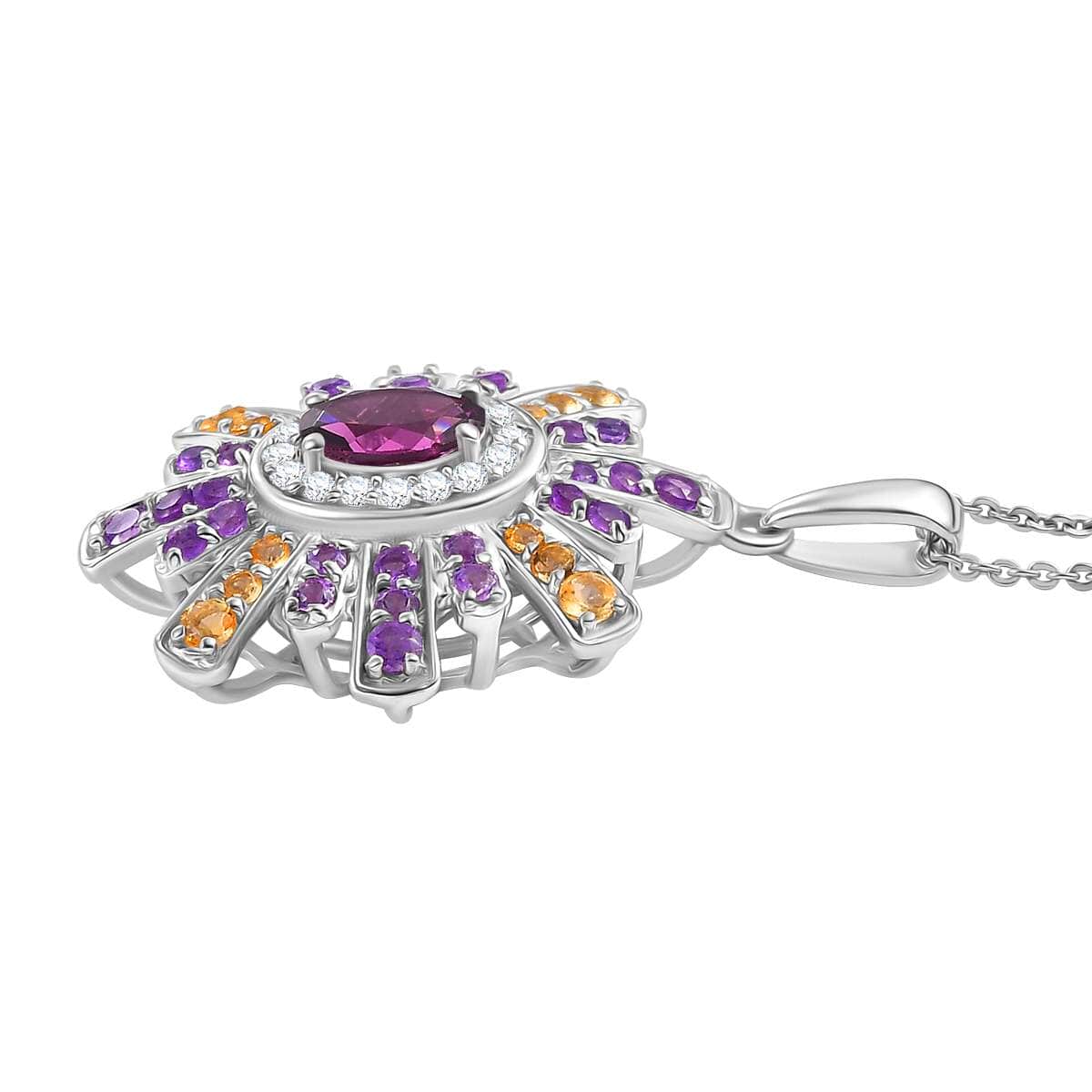 AAA Radiant Ember Garnet and Multi Gemstone 2.20 ctw Radiant Starburst Pendant in Rhodium Over Sterling Silver with Stainless Steel Necklace 20 Inches image number 3