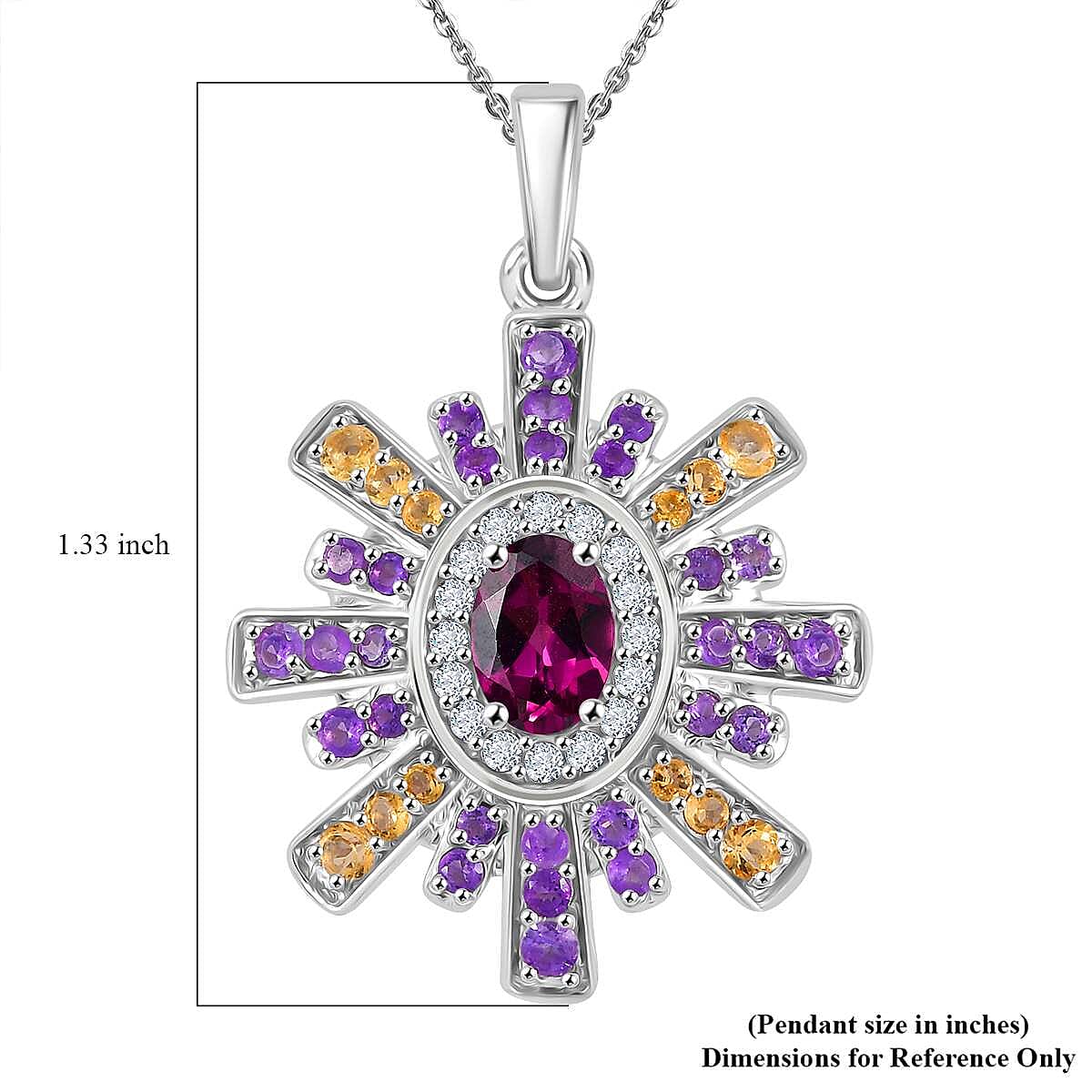 AAA Radiant Ember Garnet and Multi Gemstone 2.20 ctw Radiant Starburst Pendant in Rhodium Over Sterling Silver with Stainless Steel Necklace 20 Inches