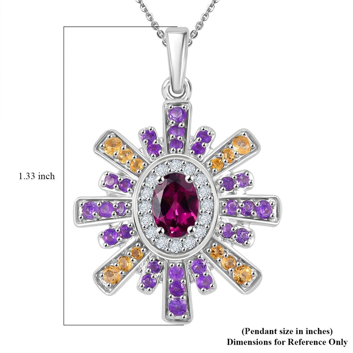 AAA Radiant Ember Garnet and Multi Gemstone 2.20 ctw Radiant Starburst Pendant in Rhodium Over Sterling Silver with Stainless Steel Necklace 20 Inches image number 5