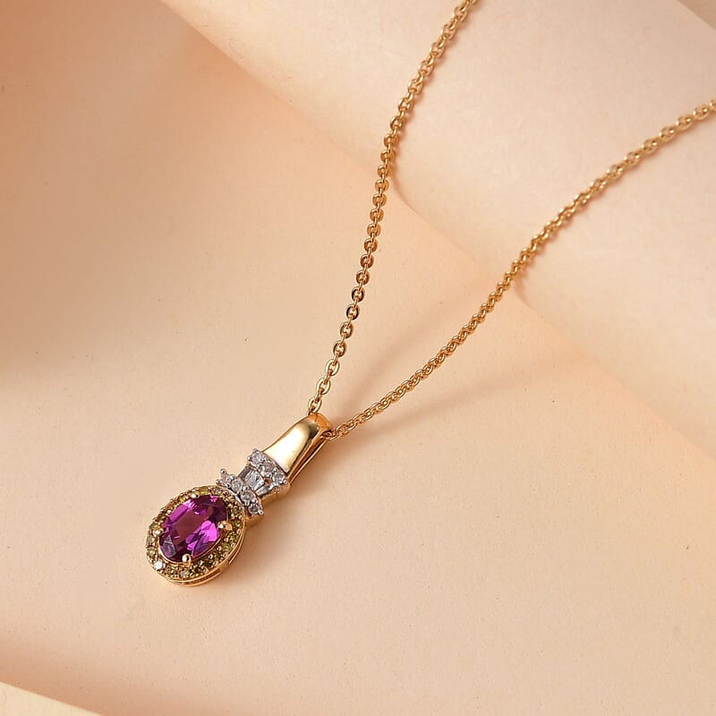 AAA Radiant Ember Garnet and Diamond 0.70 ctw Victorian Halo Pendant Necklace in 18K Vermeil Yellow Gold Over Sterling Silver 20 Inches